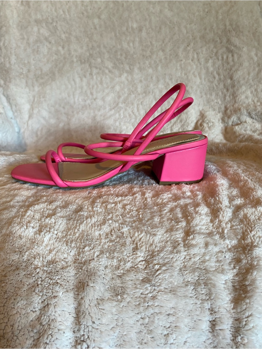 Neon pink strappy block heel sandals with chrome tone accents size 8.5